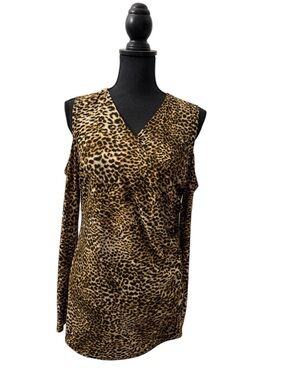 Merry Fure Leopard Print Cold-Shoulder V-Neck Women's Top